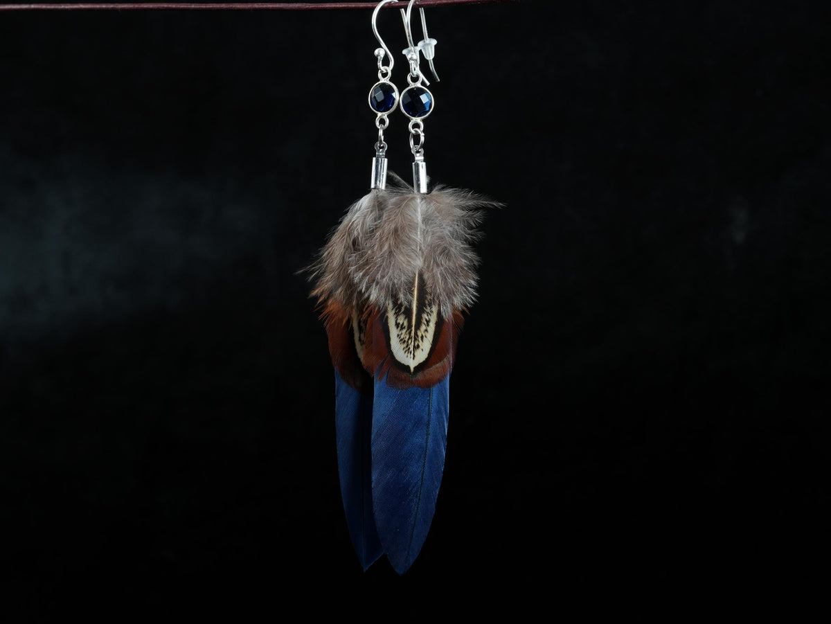 Blue Feather Earrings with Glass Cabochon in 925 Silver – Goose Feather & Common Pheasant – view 5