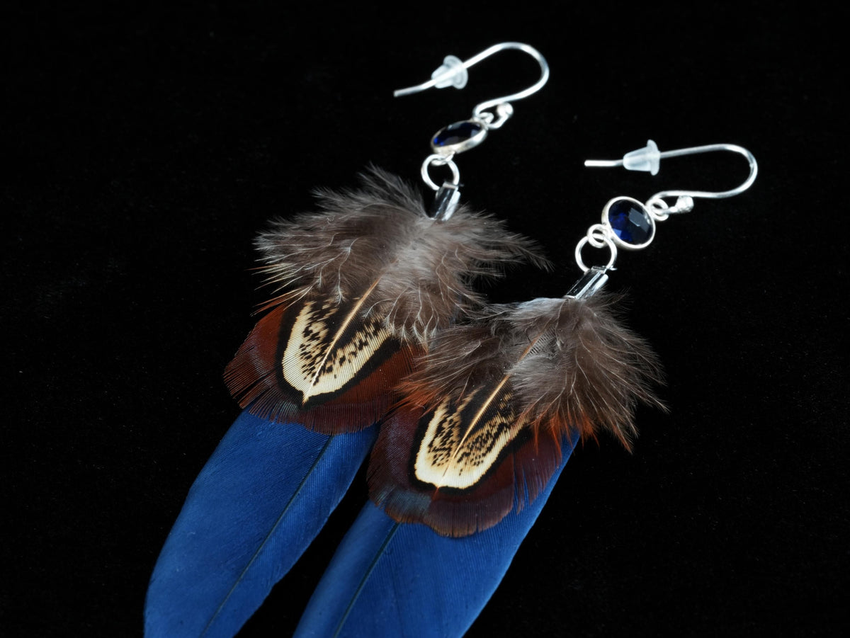 Blue Feather Earrings with Glass Cabochon in 925 Silver – Goose Feather & Common Pheasant – view 6