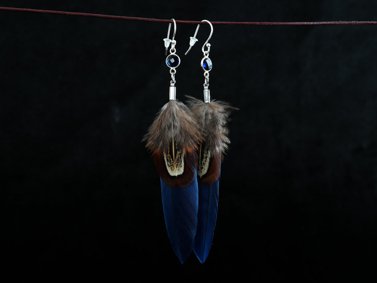 Blue Feather Earrings with Glass Cabochon in 925 Silver – Goose Feather & Common Pheasant – view 7