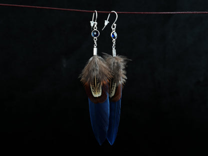 Blue Feather Earrings with Glass Cabochon in 925 Silver – Goose Feather & Common Pheasant – view 7