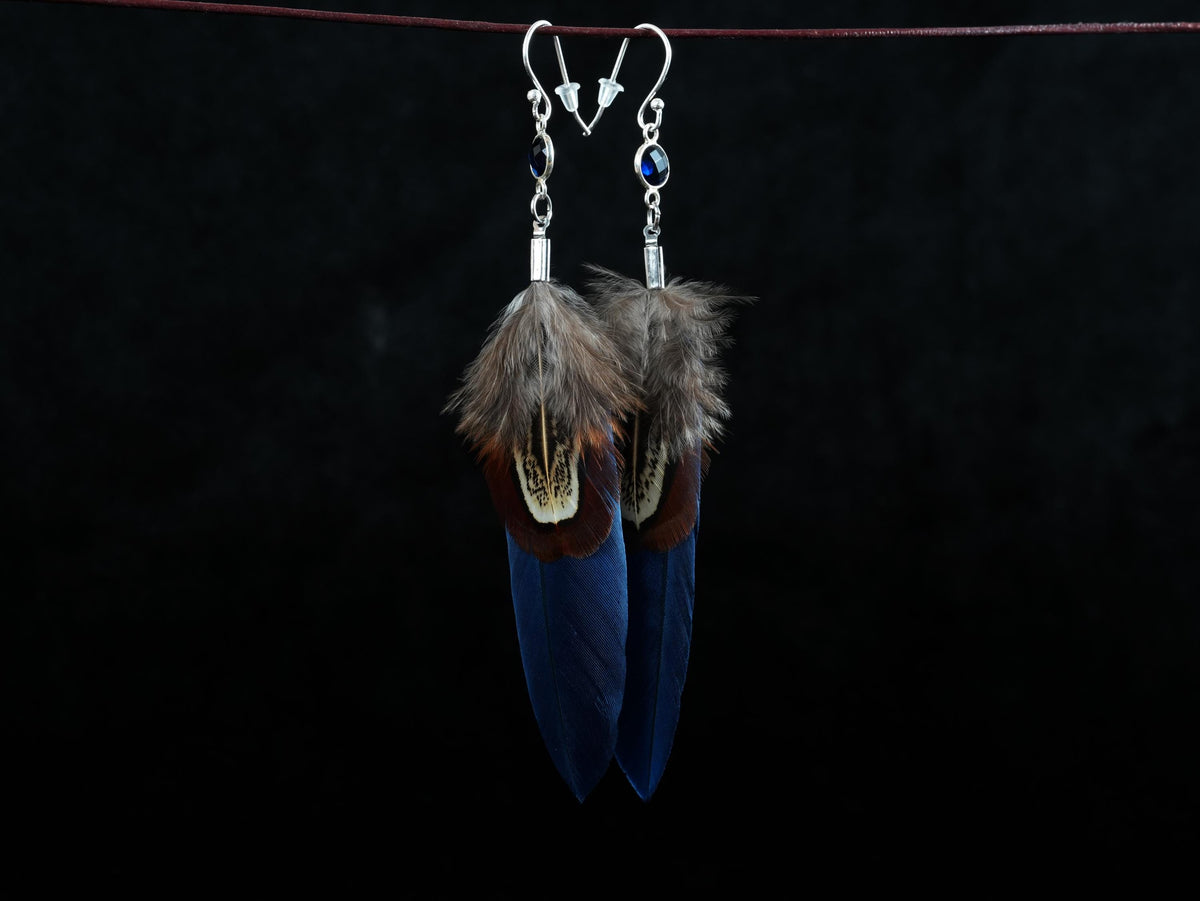 Blue Feather Earrings with Glass Cabochon in 925 Silver – Goose Feather & Common Pheasant – view 9