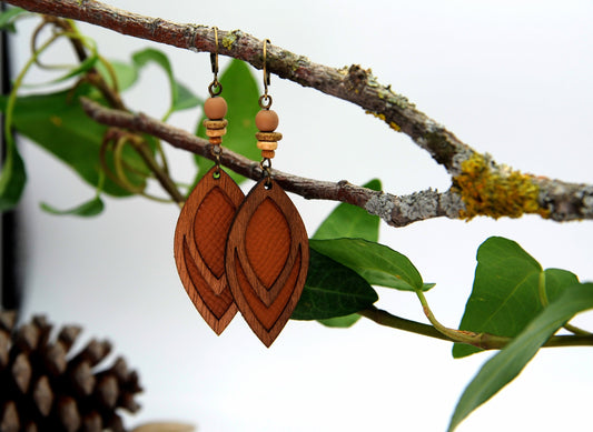 Bohemian Wooden Earrings Made from Veneer & Genuine Leather – Red-Brown Double Leaf, 8 cm