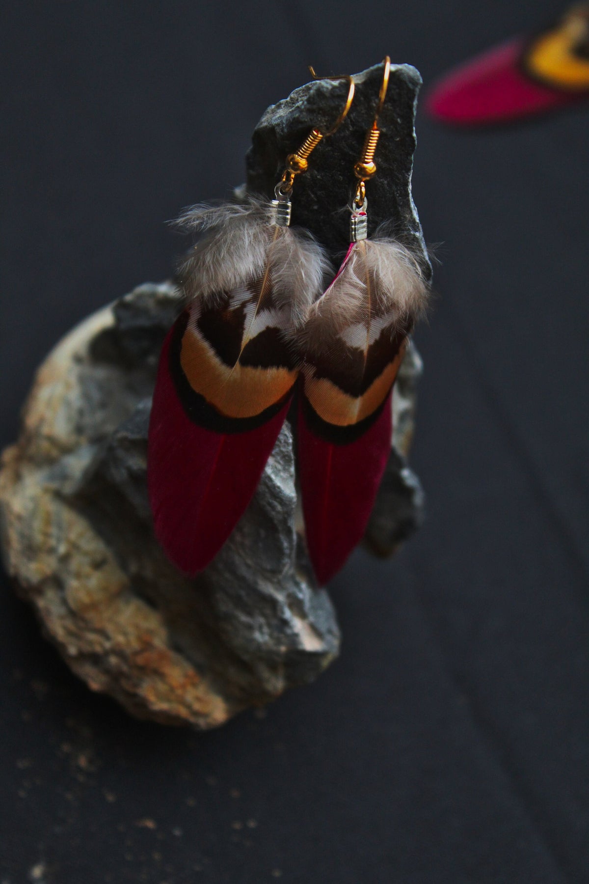 Double Feather Earrings in Grey or Red with Pheasant Feather – Tribal Boho – view 5