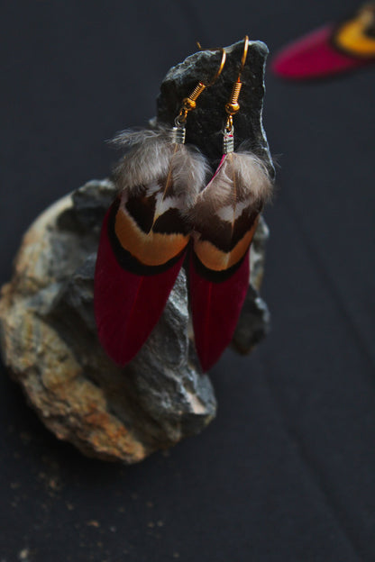 Double Feather Earrings in Grey or Red with Pheasant Feather – Tribal Boho – view 5