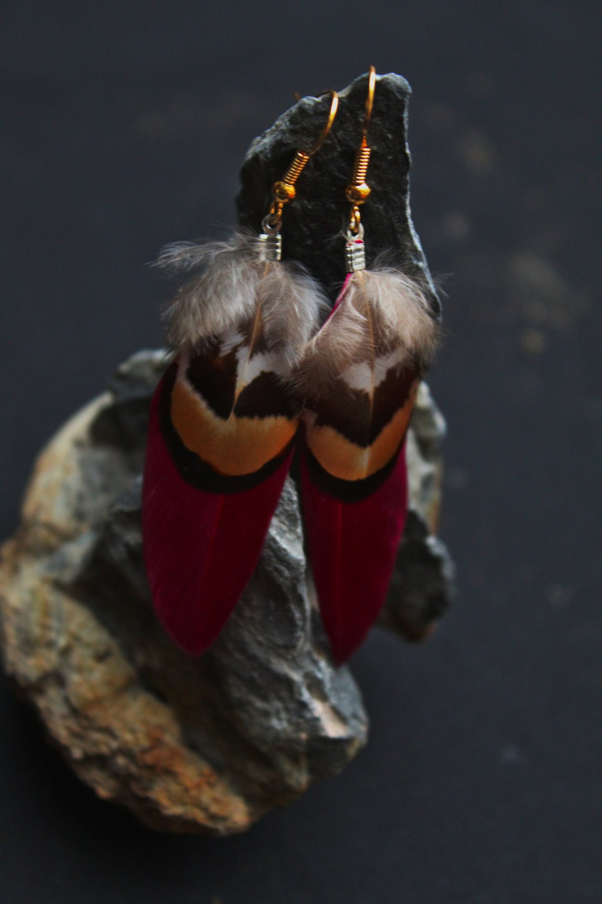 Double Feather Earrings in Grey or Red with Pheasant Feather – Tribal Boho – view 6