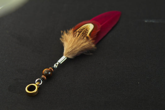 Dread Feather Pendant Wine Red with Pheasant Cover Feather & Tiger's Eye Beads
