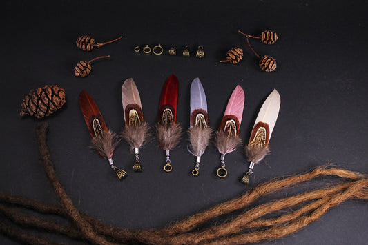 Dreadlock Feather Pendants in Earth & Pastel Tones – Goose Feather with Pheasant Feather, 6 Colours