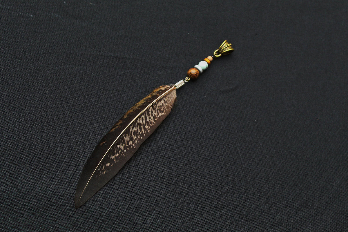Dread Jewellery with Long Pheasant Feather – Brown Striped, 12–15 cm