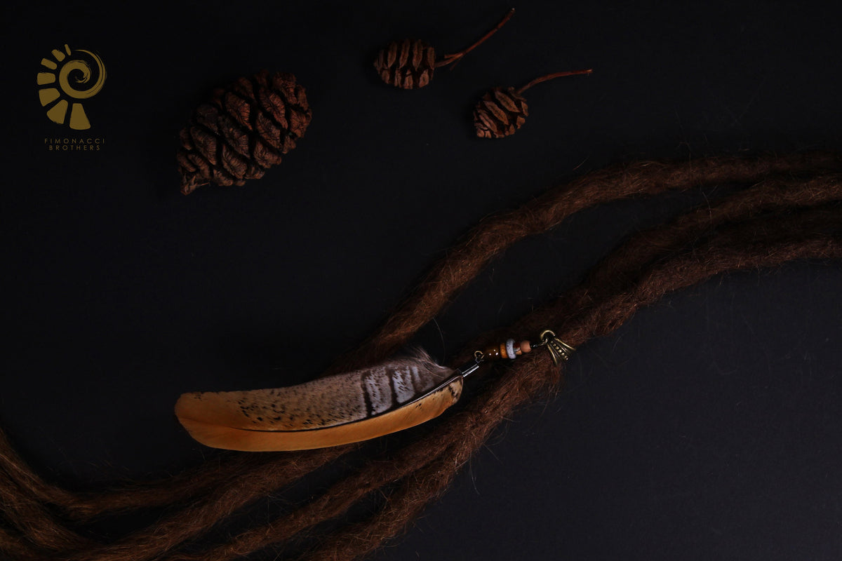 Dread Jewellery with Orange-Brown Pheasant Feather – Ethnic Dread Bead, 12–15 cm