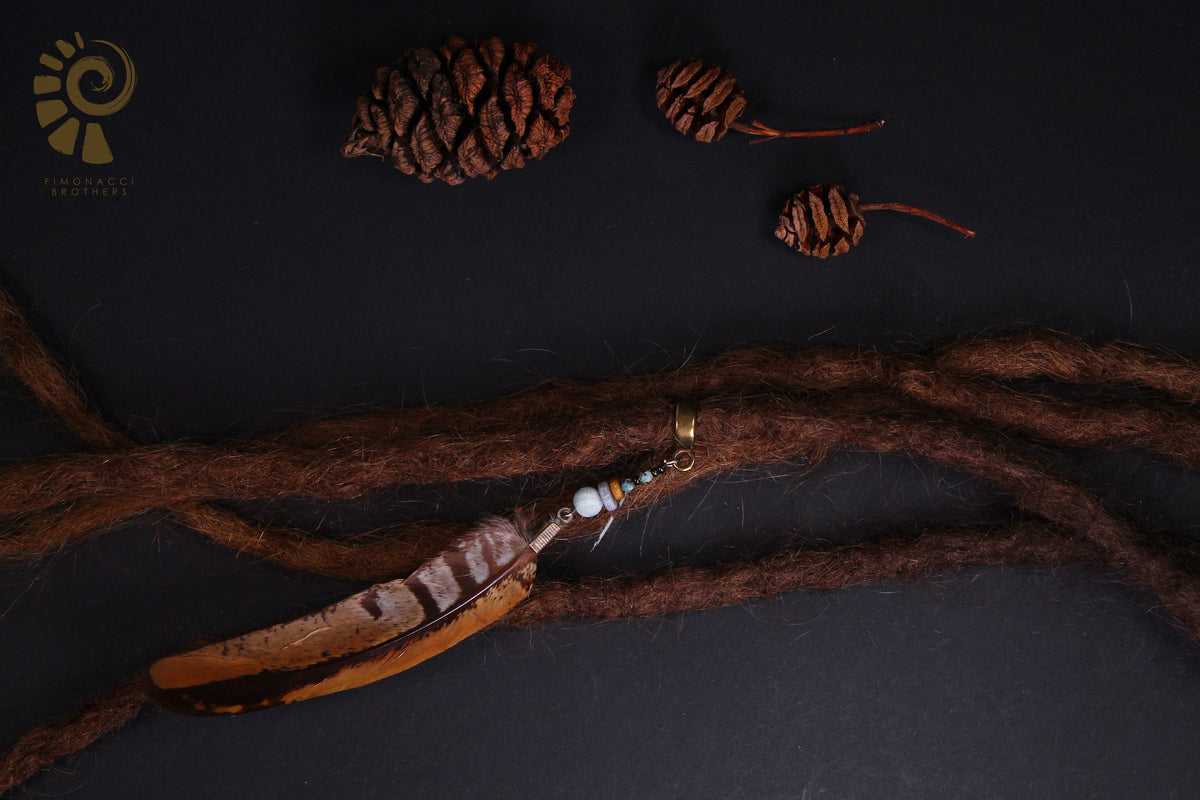 Dread Jewellery with Brown Banded Feather & Light Blue Bead