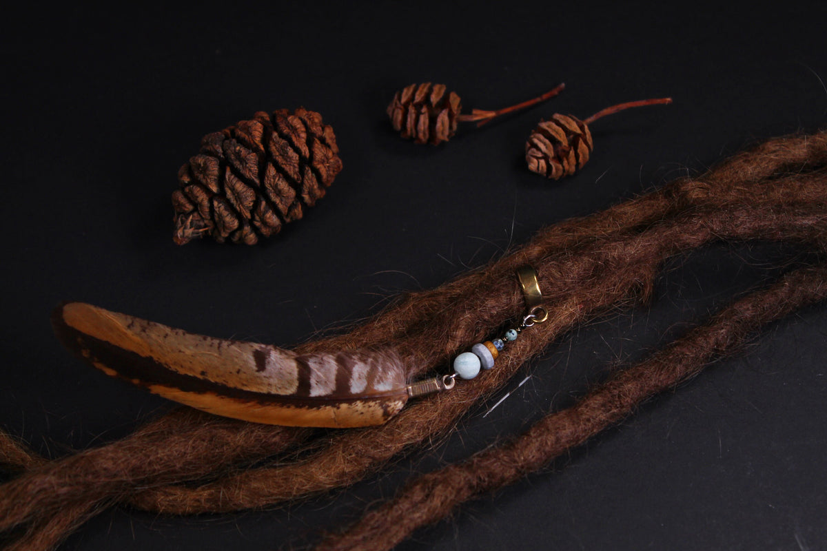 Dread Jewellery with Brown Banded Feather & Light Blue Bead – view 2