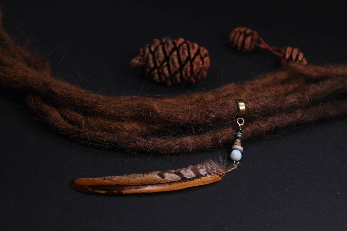 Dread Jewellery with Brown Banded Feather & Light Blue Bead – view 4