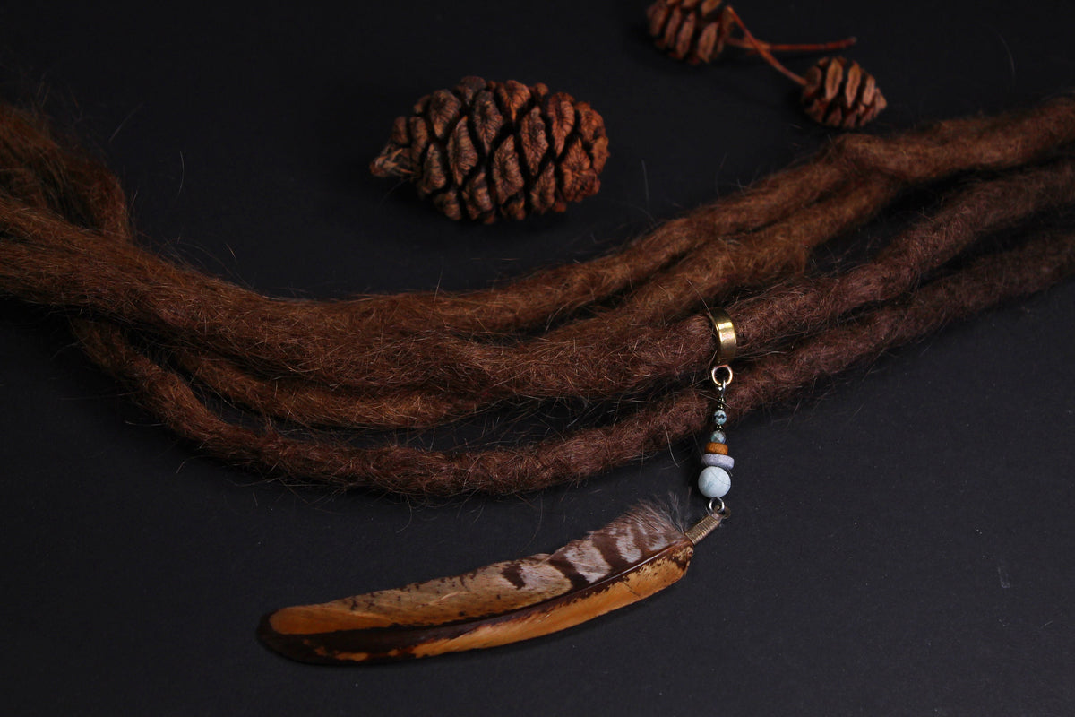 Dread Jewellery with Brown Banded Feather & Light Blue Bead – view 5