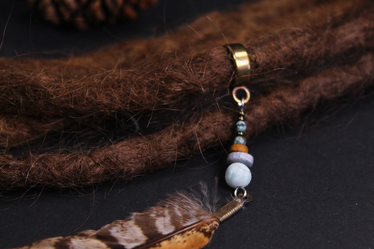 Dread Jewellery with Brown Banded Feather & Light Blue Bead – view 6
