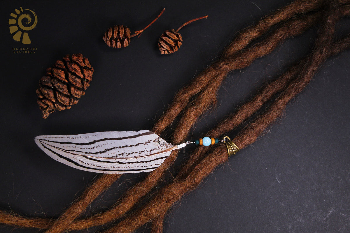 Dread Jewellery with White & Black Striped Feather – Ethnic Dread Bead