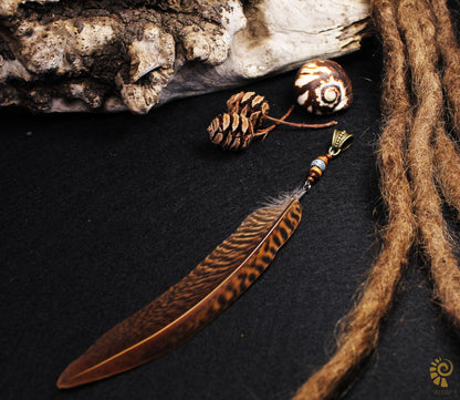 Dread Jewellery with Striped Pheasant Feather, Ceramic & Wooden Beads