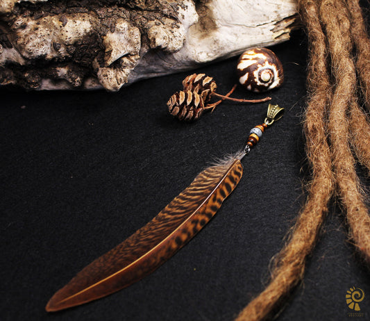 Dread Jewellery with Striped Pheasant Feather, Ceramic & Wooden Beads