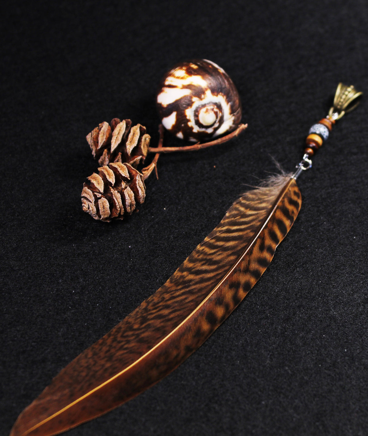 Dread Jewellery with Striped Pheasant Feather, Ceramic & Wooden Beads – view 2