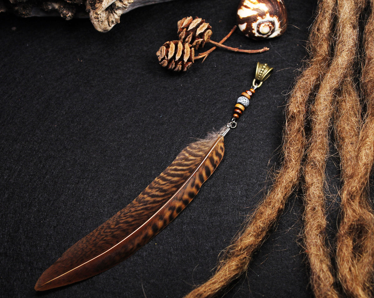 Dread Jewellery with Striped Pheasant Feather, Ceramic & Wooden Beads – view 4