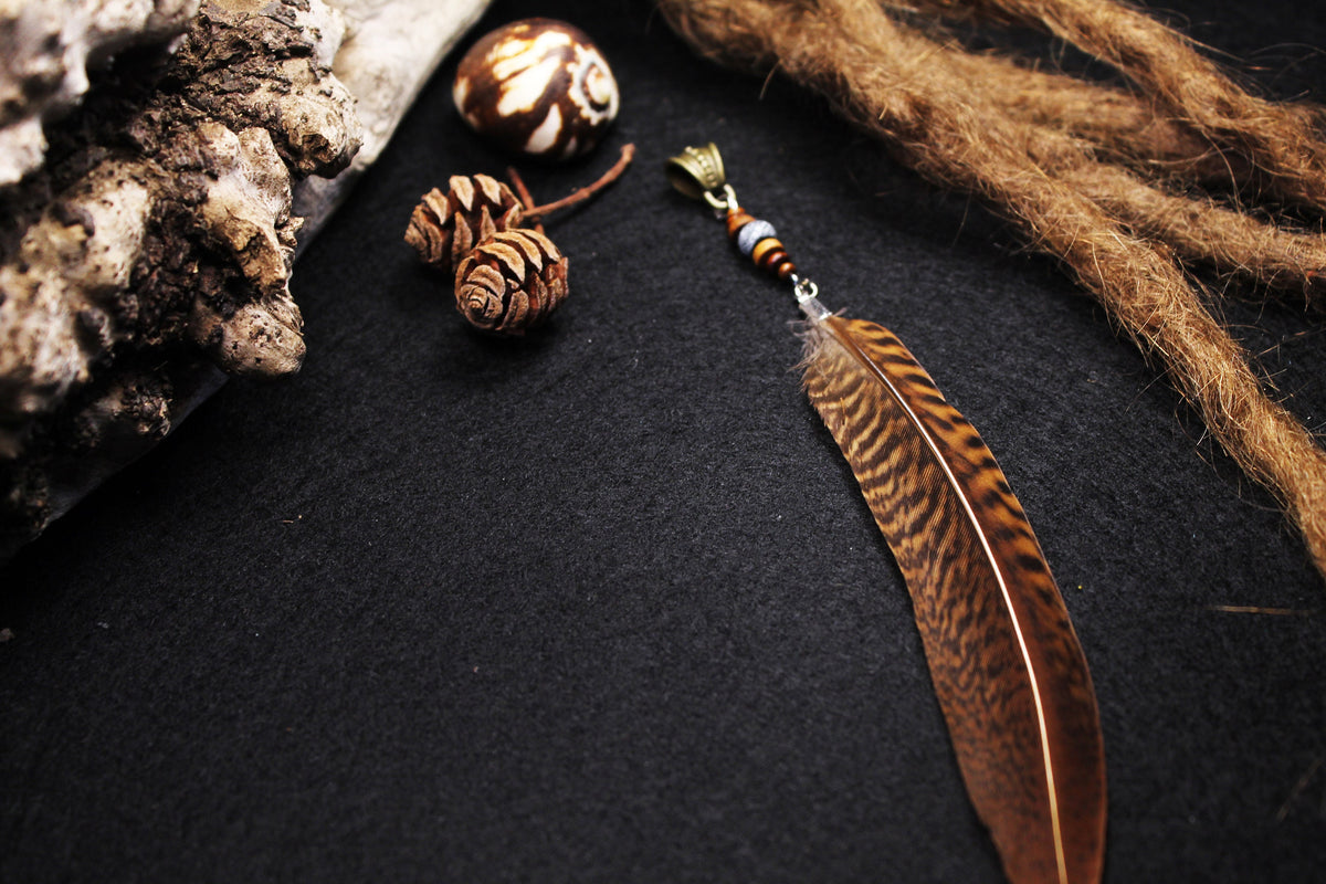 Dread Jewellery with Striped Pheasant Feather, Ceramic & Wooden Beads – view 5