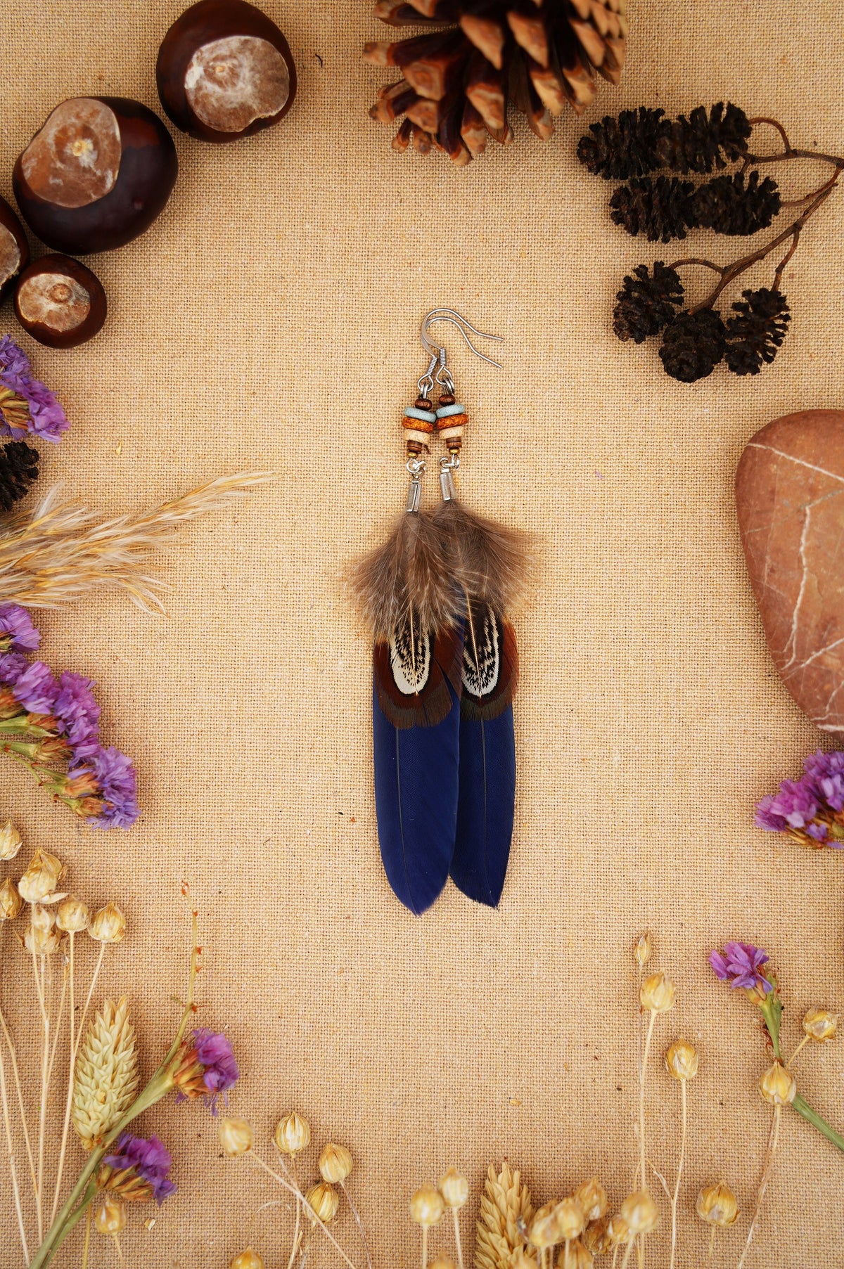Dark Blue Double Feather Earrings with Ceramic Beads – Pheasant Feather