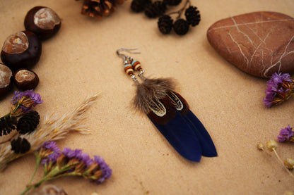 Dark Blue Double Feather Earrings with Ceramic Beads – Pheasant Feather – view 2