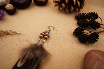 Dark Blue Double Feather Earrings with Ceramic Beads – Pheasant Feather – view 3