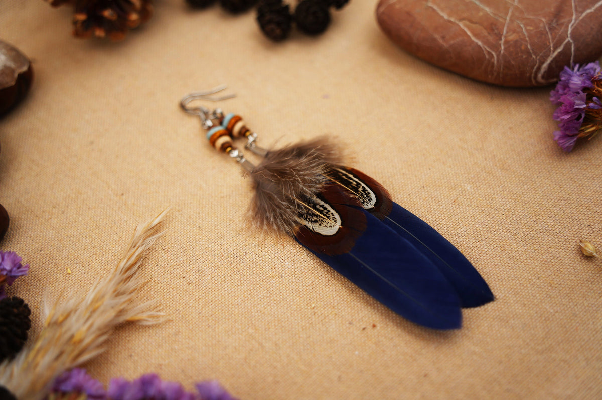 Dark Blue Double Feather Earrings with Ceramic Beads – Pheasant Feather – view 4