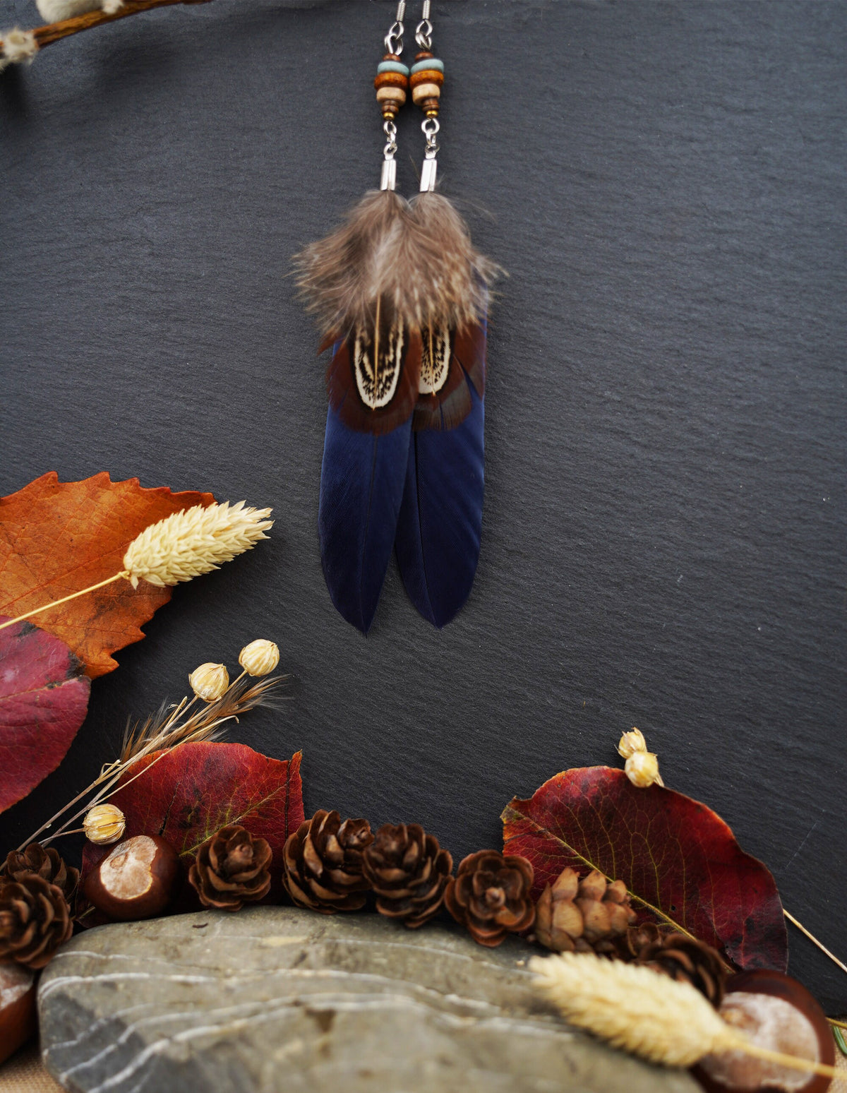 Dark Blue Double Feather Earrings with Ceramic Beads – Pheasant Feather – view 5