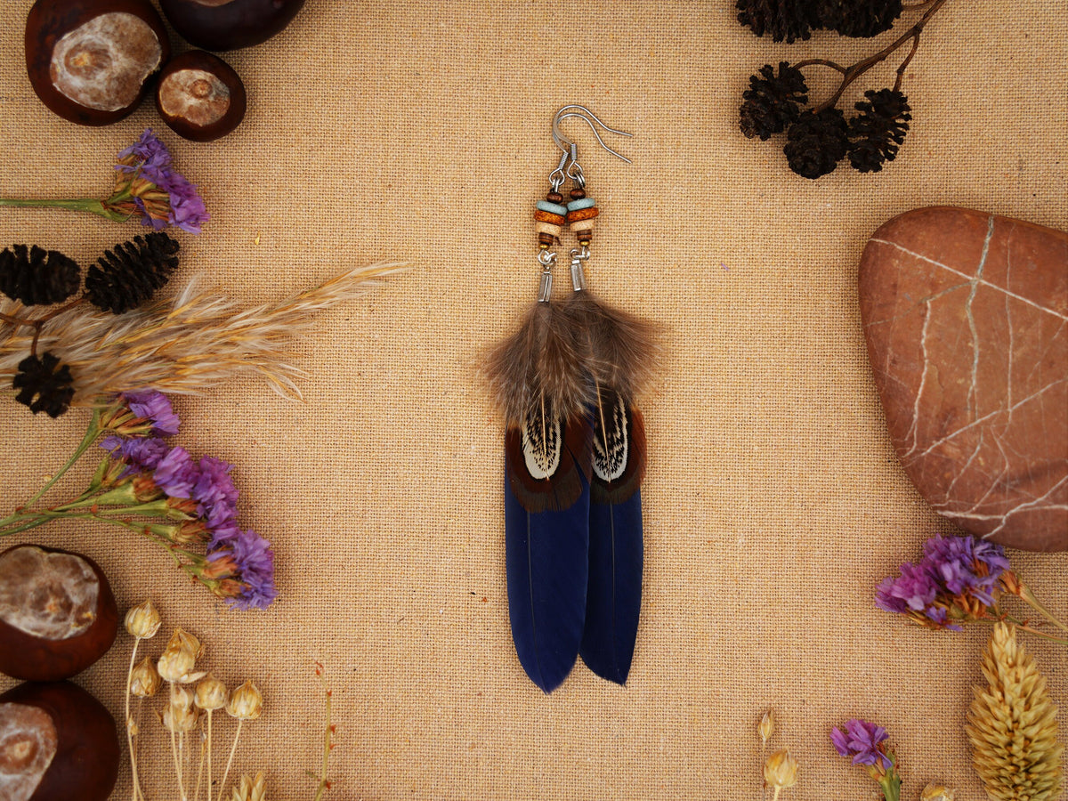 Dark Blue Double Feather Earrings with Ceramic Beads – Pheasant Feather – view 7