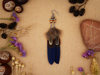 Dark Blue Double Feather Earrings with Ceramic Beads – Pheasant Feather – view 7