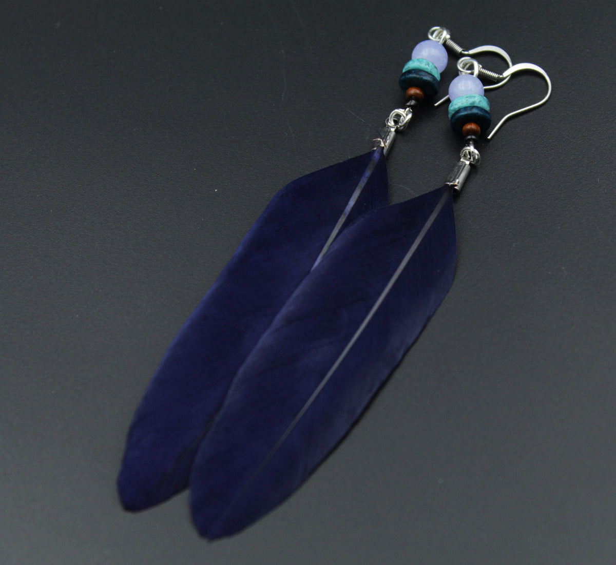 Dark Blue Feather Earrings with Wooden & Mineral Beads – Ethnic Boho Style
