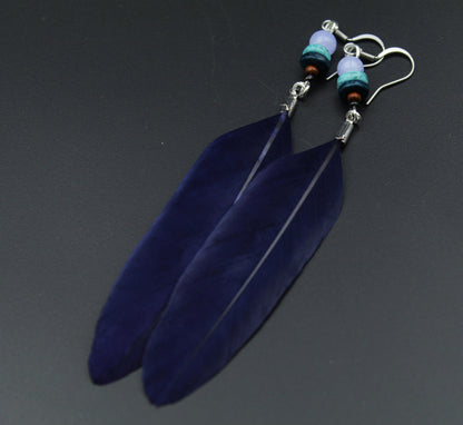 Dark Blue Feather Earrings with Wooden & Mineral Beads – Ethnic Boho Style