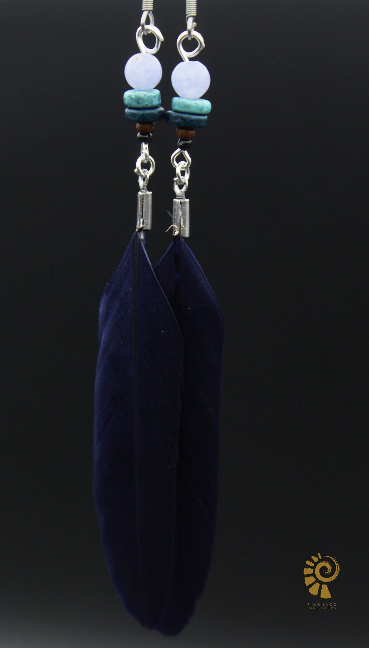Dark Blue Feather Earrings with Wooden & Mineral Beads – Ethnic Boho Style – view 2