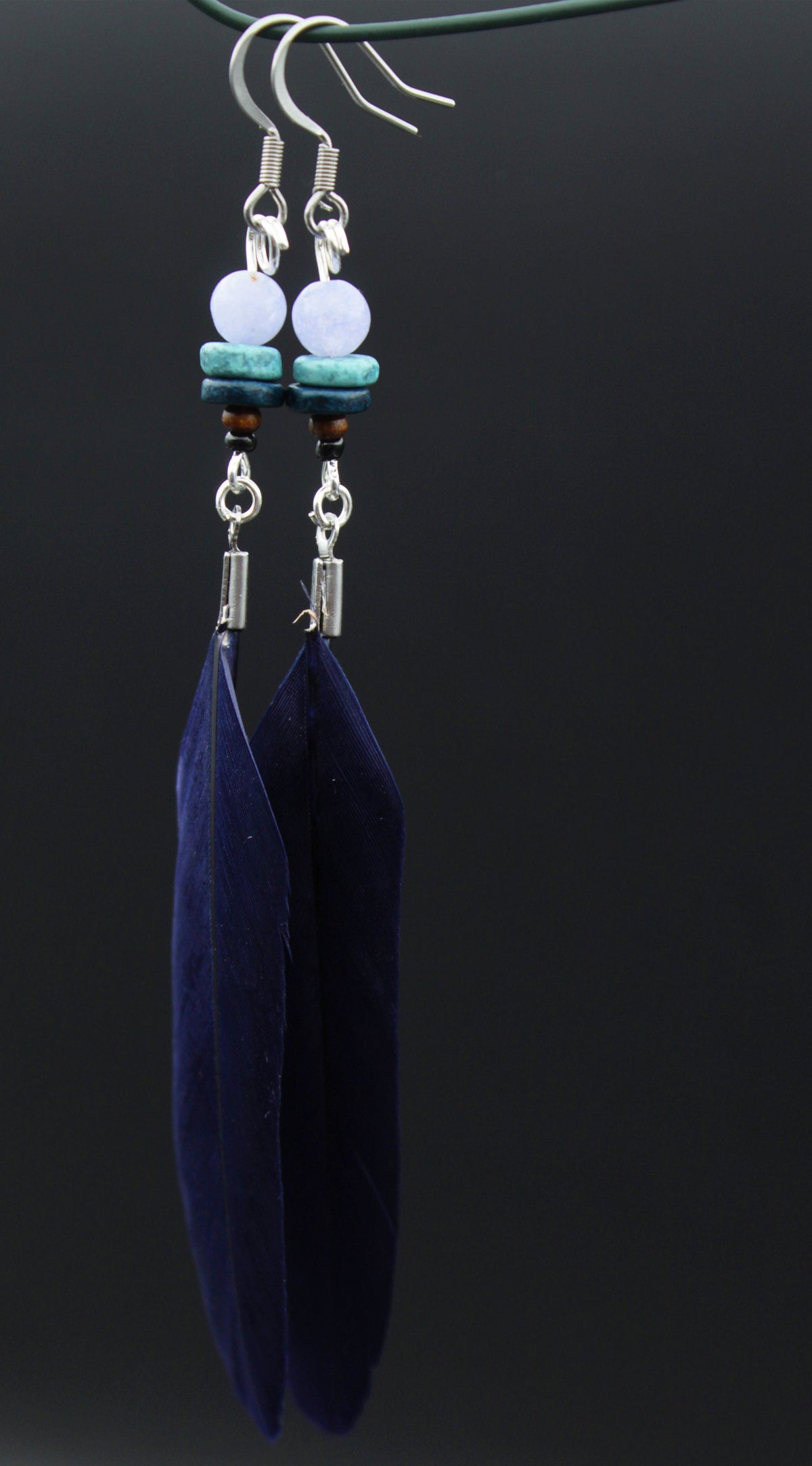 Dark Blue Feather Earrings with Wooden & Mineral Beads – Ethnic Boho Style – view 3
