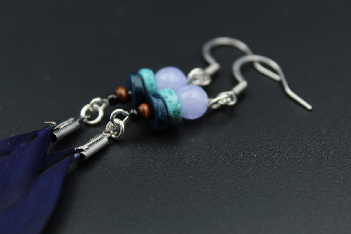 Dark Blue Feather Earrings with Wooden & Mineral Beads – Ethnic Boho Style – view 4