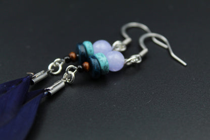 Dark Blue Feather Earrings with Wooden & Mineral Beads – Ethnic Boho Style – view 4