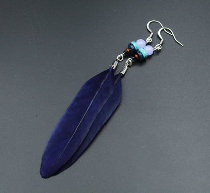 Dark Blue Feather Earrings with Wooden & Mineral Beads – Ethnic Boho Style – view 5