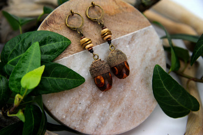 Acorn Earrings with Brown Glass Bead – Wooden Drop Earrings, 5.5 cm
