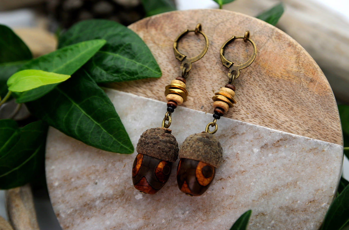 Acorn Earrings with Brown Glass Bead – Wooden Drop Earrings, 5.5 cm – view 2