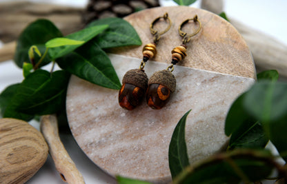 Acorn Earrings with Brown Glass Bead – Wooden Drop Earrings, 5.5 cm – view 3