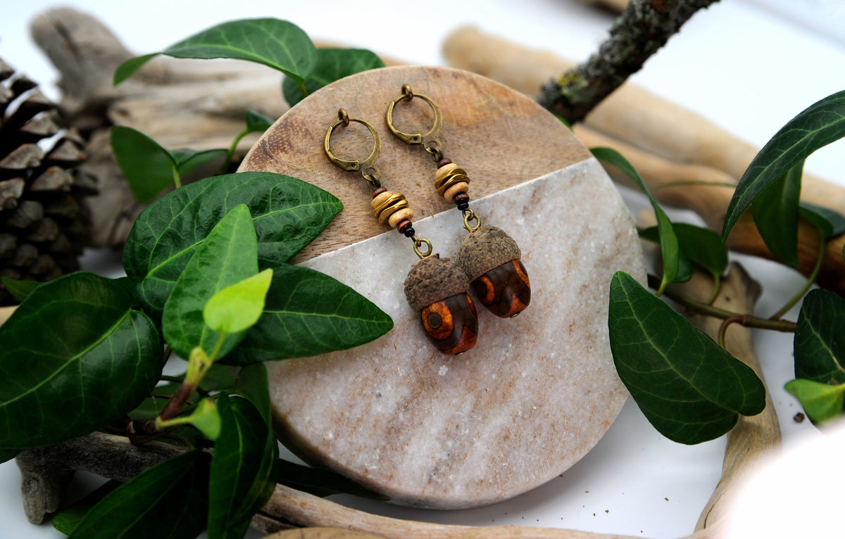 Acorn Earrings with Brown Glass Bead – Wooden Drop Earrings, 5.5 cm – view 4
