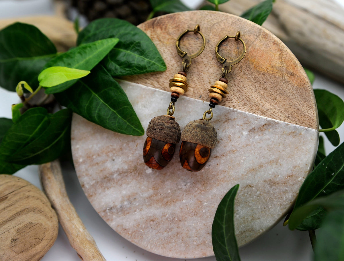 Acorn Earrings with Brown Glass Bead – Wooden Drop Earrings, 5.5 cm – view 5