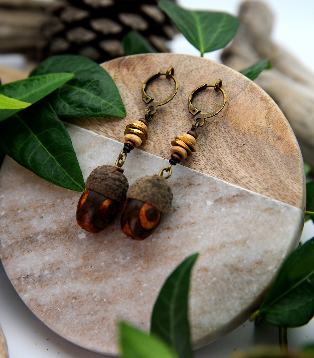Acorn Earrings with Brown Glass Bead – Wooden Drop Earrings, 5.5 cm – view 6