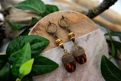 Acorn Earrings with Brown Glass Bead – Wooden Drop Earrings, 5.5 cm – view 7