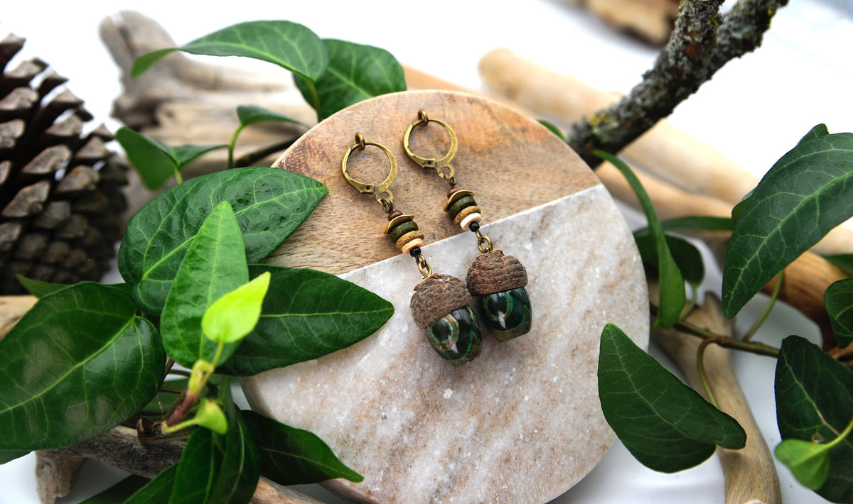 Acorn Earrings with Green Glass Bead – Wooden Drop Earrings, 5.5 cm