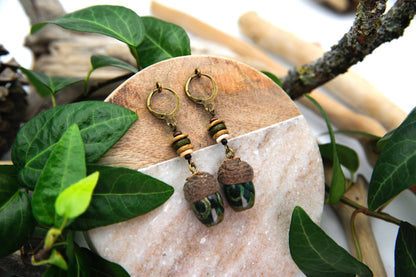 Acorn Earrings with Green Glass Bead – Wooden Drop Earrings, 5.5 cm – view 10