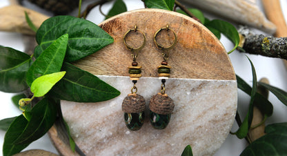 Acorn Earrings with Green Glass Bead – Wooden Drop Earrings, 5.5 cm – view 2