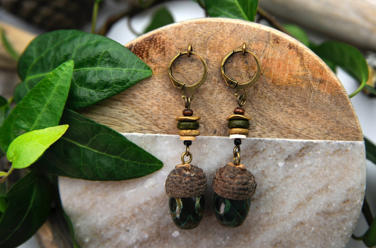 Acorn Earrings with Green Glass Bead – Wooden Drop Earrings, 5.5 cm – view 3