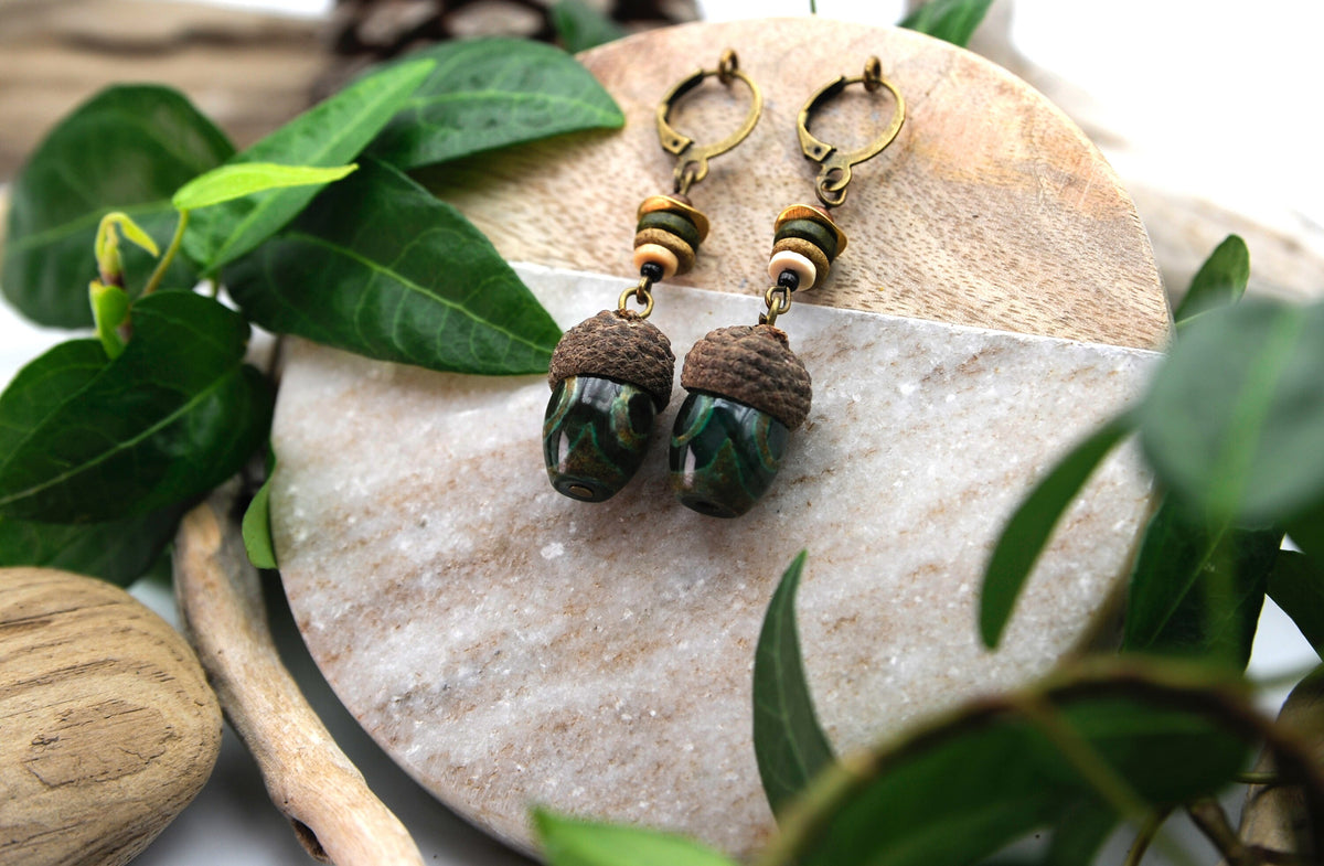 Acorn Earrings with Green Glass Bead – Wooden Drop Earrings, 5.5 cm – view 4
